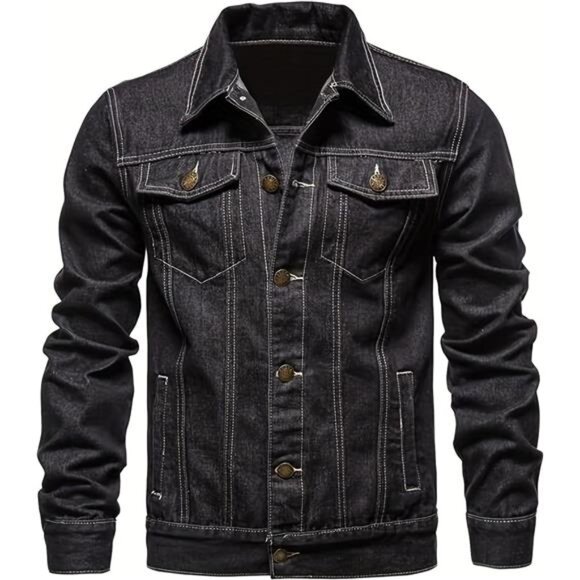 Men's Denim Jacket with Multiple Pockets Black - Picture 1 of 6